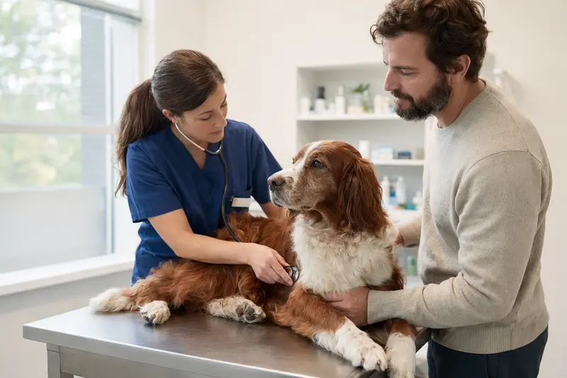 Ein ruhiger irisch rot-weißer Setter auf dem Untersuchungstisch während einer sanften Untersuchung durch eine Tierärztin.