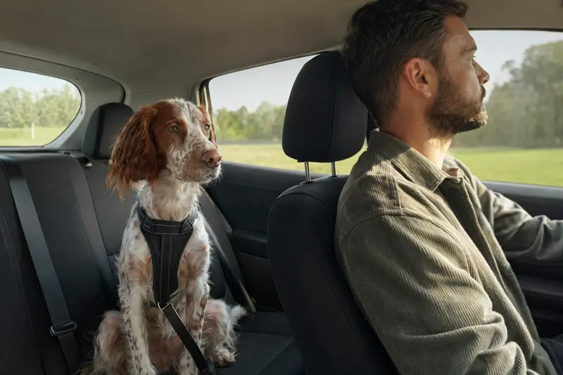 Ein Irisch rot-weisser Setter sitzt sicher angeschnallt auf der Rückbank eines Autos und genießt das Sonnenlicht.
