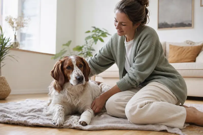 Ein beruhigter Irisch rot-weisser Setter mit Verband an der Pfote liegt neben seinem erleichterten Besitzer in einer hellen Wohnung.
