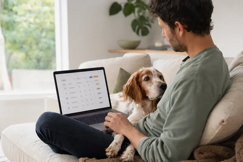 Ein Hundebesitzer sitzt mit einem Irisch rot-weissen Setter auf dem Sofa und vergleicht Versicherungen auf dem Laptop.