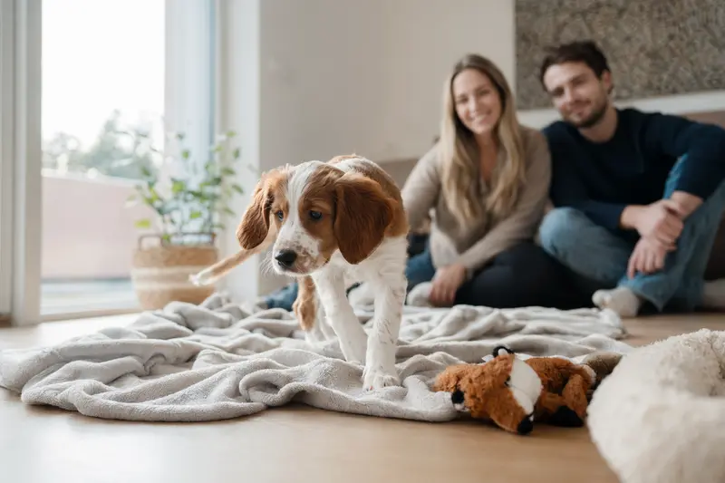 Ein neugieriger Irisch rot-weisser Setter Welpe erkundet seine neue Umgebung auf einer weichen Decke.