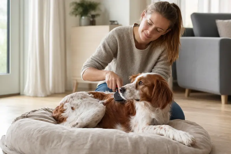 Ein Irischer Rot-Weißer Setter wird in einer hellen Wohnung sanft gebürstet, während sein Besitzer die Fellpflege liebevoll übernimmt.