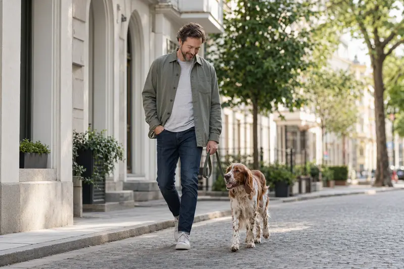 Irischer Rot-Weißer Setter läuft an der Leine mit seinem Besitzer durch eine moderne Stadtstraße.