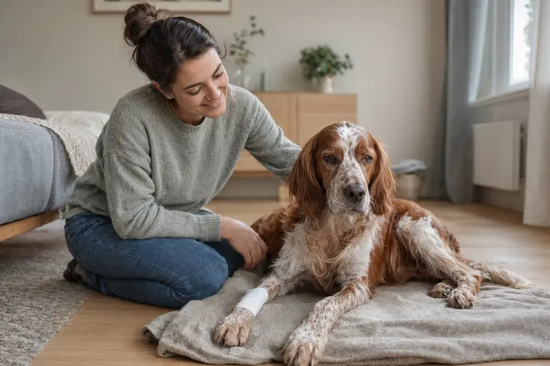 Ein Irischer Rot-Weißer Setter mit leicht verbundenen Pfote liegt ruhig auf einer Decke, während sein Besitzer erleichtert daneben sitzt.