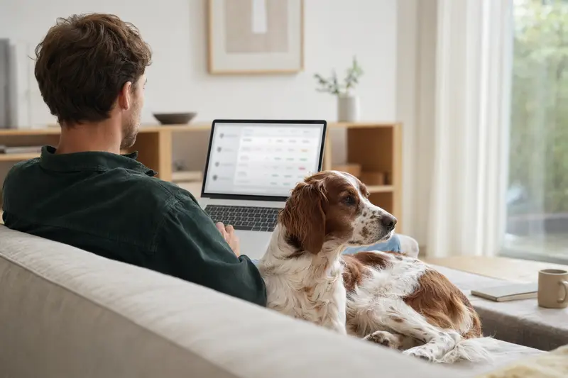Ein Besitzer sitzt mit seinem Laptop auf dem Sofa, während sein Irischer Rot-Weißer Setter neben ihm liegt, und zeigt eine neutrale Versicherungsvergleichs-Oberfläche.