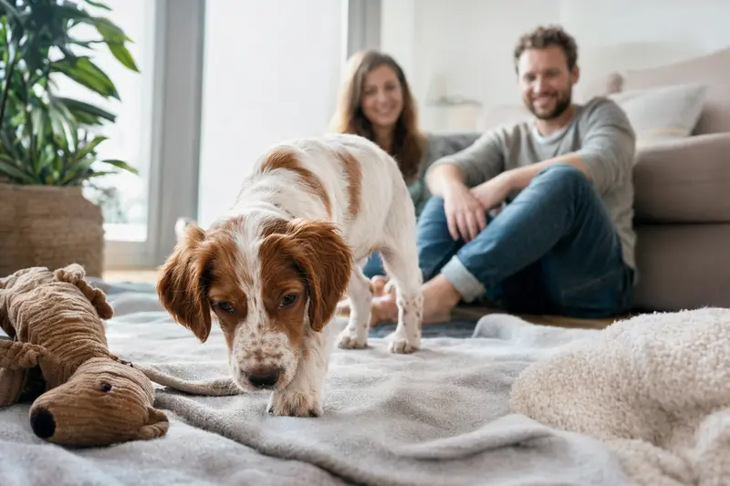 Ein junger Irischer Rot-Weißer Setter Welpe erkundet neugierig sein neues Zuhause auf einer weichen Decke mit Spielzeug in einer hellen Wohnung.