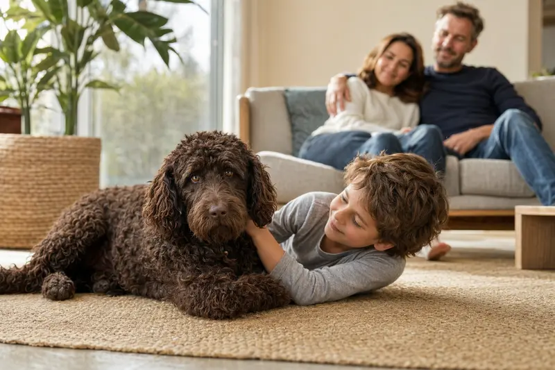 Ein Irischer Wasserspaniel liegt entspannt neben einem Kind im Wohnzimmer, während die Eltern im Hintergrund stehen.