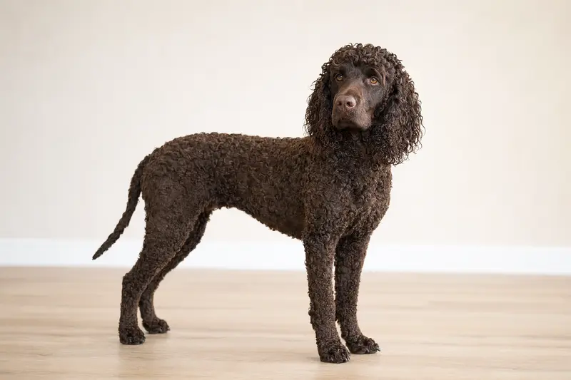 Ein Irischer Wasserspaniel steht aufmerksam vor hellem Hintergrund in natürlicher Haltung, als realistisches Hunde-Porträt mit klaren Details und weichem Licht.