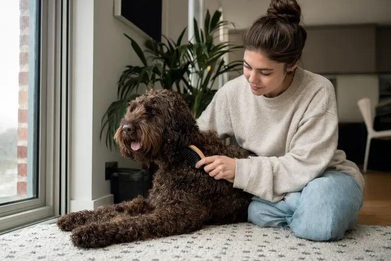 Ein Irischer Wasserspaniel wird in einer hellen Wohnung sanft gebürstet, während sich der Besitzer liebevoll um die Fellpflege kümmert.
