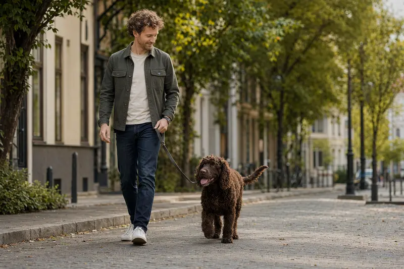 Ein Irischer Wasserspaniel läuft angeleint mit seinem Besitzer durch eine freundliche moderne Stadtstraße.
