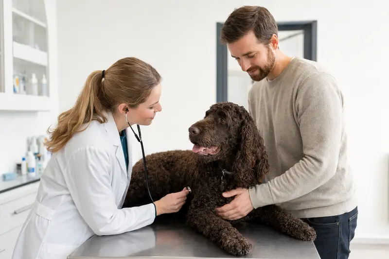 Ein Irischer Wasserspaniel wird behutsam von einer Tierärztin auf einem Untersuchungstisch untersucht, während sein Besitzer beruhigend danebensteht.