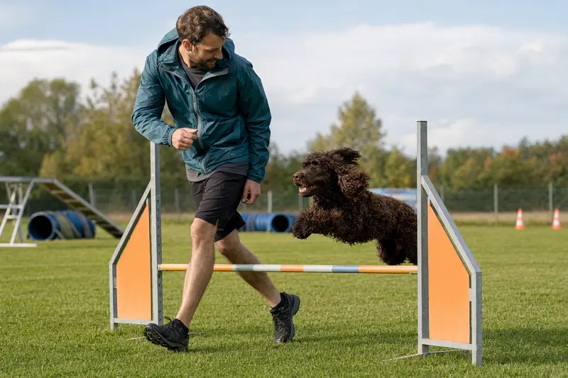 Ein Irischer Wasserspaniel springt mit seinem Besitzer über eine kleine Trainingshürde auf dem Hundeplatz.