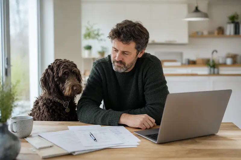 Ein ruhiger Irischer Wasserspaniel sitzt neben seinem Besitzer am Küchentisch mit Versicherungsunterlagen.