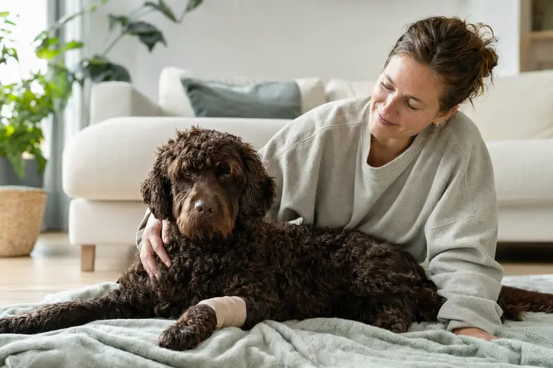 Ein Irischer Wasserspaniel mit Verband an der Pfote liegt auf einer Decke, während sein erleichterter Besitzer neben ihm sitzt.