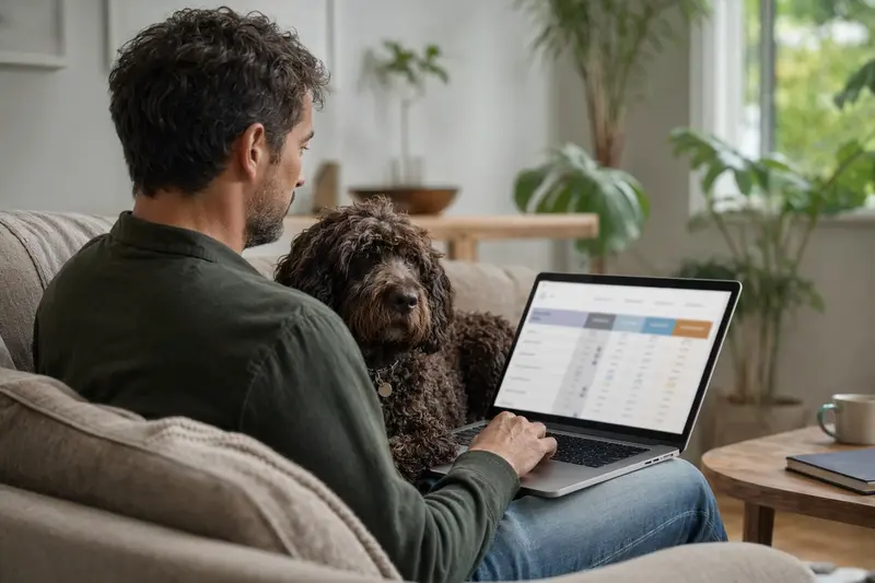 Ein Hundebesitzer sitzt mit einem Irischen Wasserspaniel auf dem Sofa und vergleicht Tierversicherungen am Laptop in einer hellen Wohnung.