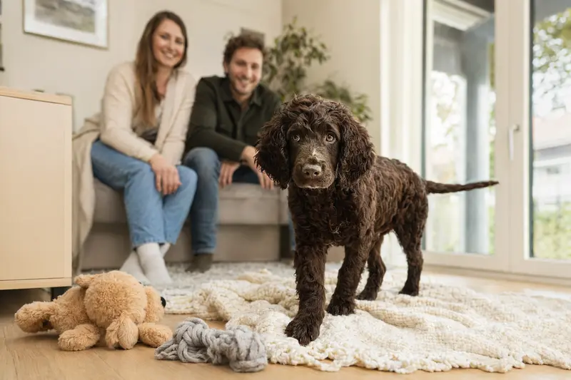 Ein neugieriger Irischer Wasserspaniel Welpe erkundet sein neues Zuhause mit einer weichen Decke und Spielzeug, während eine liebevolle Familie im Hintergrund zu sehen ist.