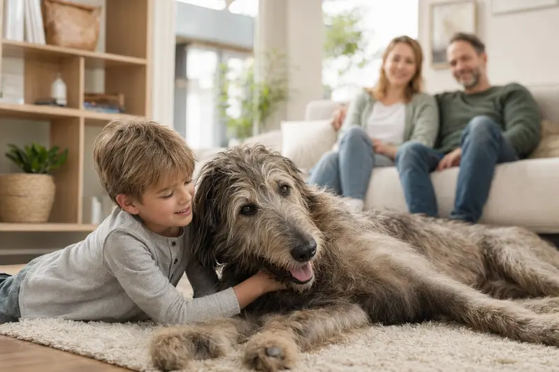 Ein Irischer Wolfshund liegt entspannt neben einem Kind im hellen Wohnzimmer, während die Eltern im Hintergrund zu sehen sind und die Atmosphäre warm und sicher wirkt.
