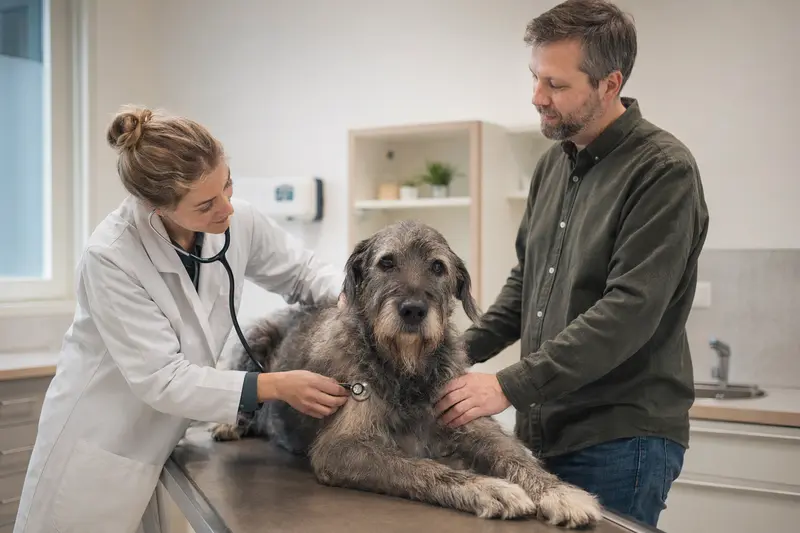 Ein ruhiger Irischer Wolfshund wird von einer freundlichen Tierärztin mit einem Stethoskop in einer modernen Tierarztpraxis untersucht, während sein Besitzer beruhigend daneben steht.