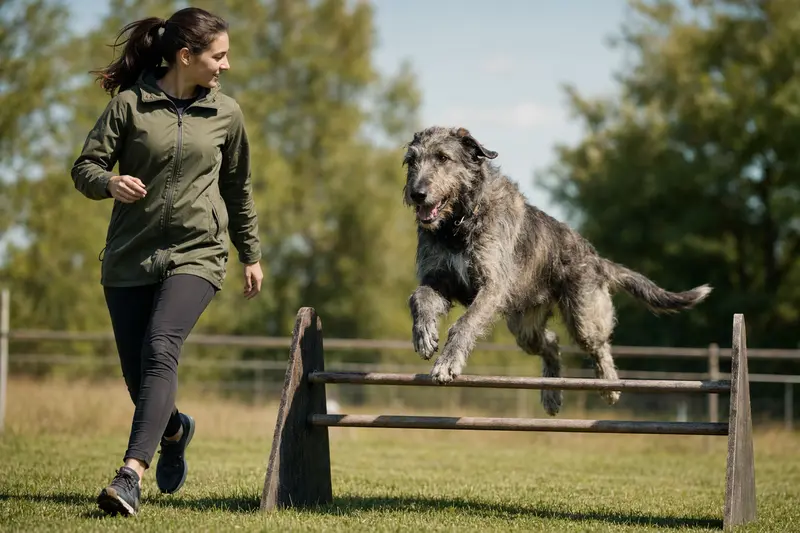 Ein aktiver Irischer Wolfshund springt beim Training mit seinem Besitzer über eine kleine Hürde auf dem Hundeplatz.