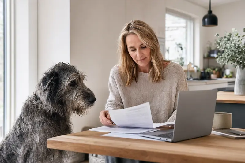 Ein Irischer Wolfshund sitzt entspannt neben seinem Besitzer am Küchentisch, wo Versicherungsunterlagen und ein Laptop liegen.