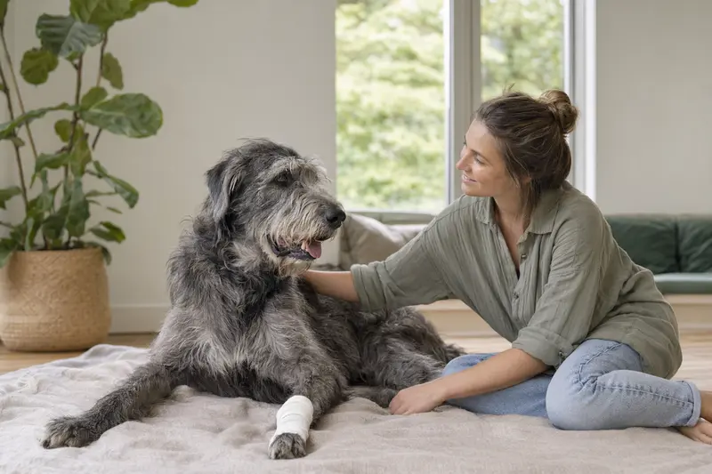 Ein entspannter Irischer Wolfshund mit einem leichten Verband an der Pfote liegt friedlich auf einer Decke, während sein Besitzer erleichtert neben ihm sitzt.