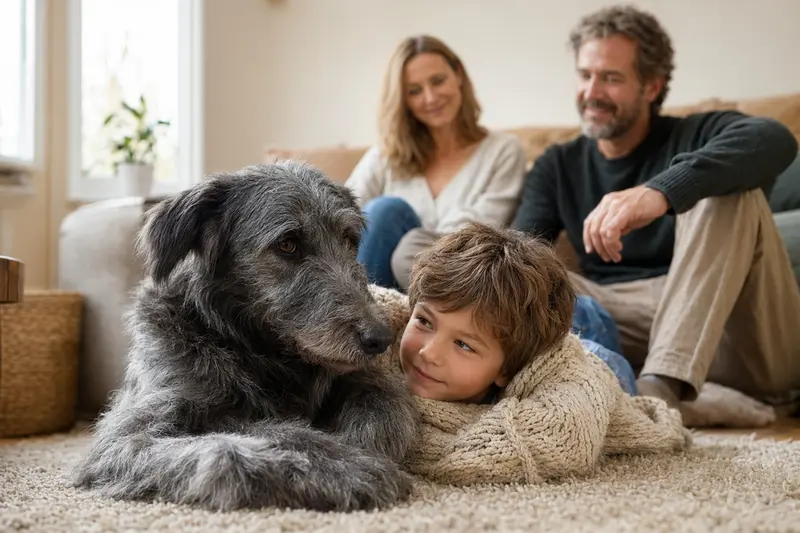 Ein freundlicher Irish Blue Terrier liegt entspannt neben einem Kind im hellen Wohnzimmer in einer sicheren Familienatmosphäre.