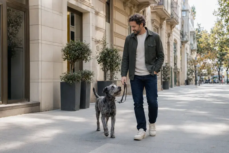 Ein Irish Blue Terrier läuft an der Leine mit seinem Besitzer entspannt durch eine moderne Stadtstraße.