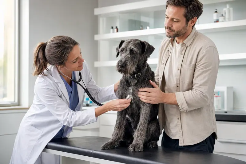 Ein ruhiger Irish Blue Terrier wird von einer freundlichen Tierärztin mit einem Stethoskop in einer modernen Tierarztpraxis untersucht, während der Besitzer beruhigend daneben steht.