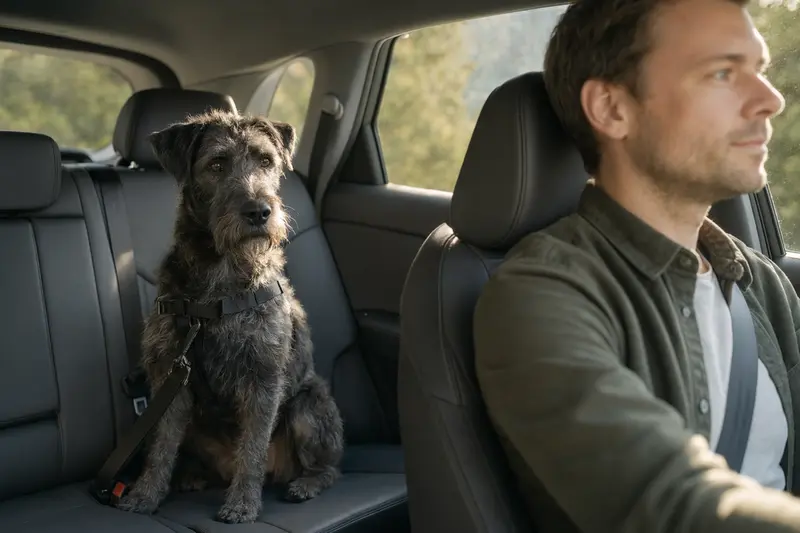 Ein Irish Blue Terrier Hund, sicher angeschnallt auf der Rückbank eines Autos, während sein Besitzer ruhig fährt und Sonnenlicht durch das Fenster scheint.