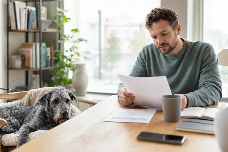 Ein Hundebesitzer sitzt mit einer Tierarztrechnung am Tisch, während sein Irish Blue Terrier entspannt auf einer Decke liegt und das Thema Tierarztkosten und Hundeversicherung ruhig vermittelt.