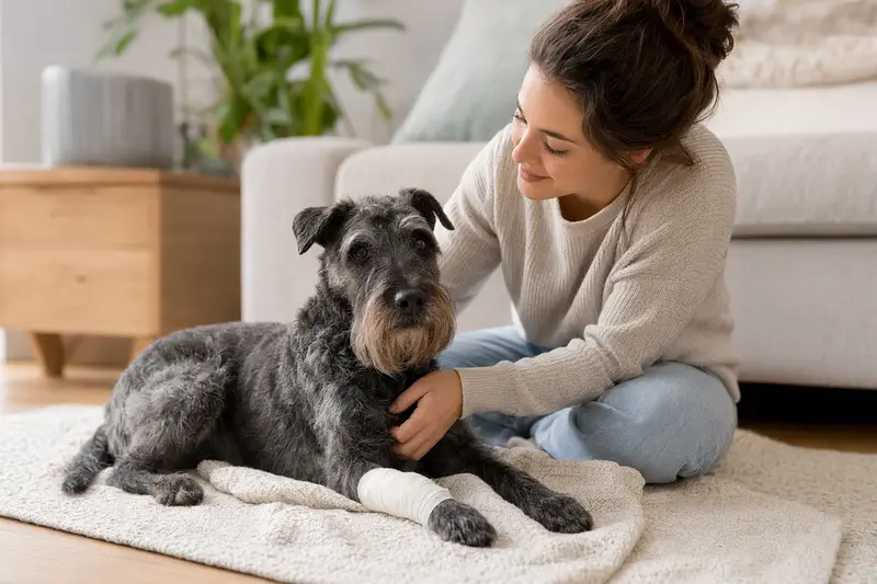 Ein Irish Blue Terrier mit Verband an der Pfote liegt entspannt auf einer Decke, während sein erleichterter Besitzer daneben sitzt.