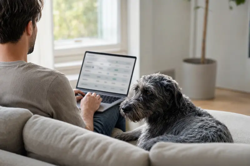 Ein Besitzer arbeitet am Laptop auf dem Sofa mit seinem Irish Blue Terrier, während er die Optionen zur Tierversicherung vergleicht.