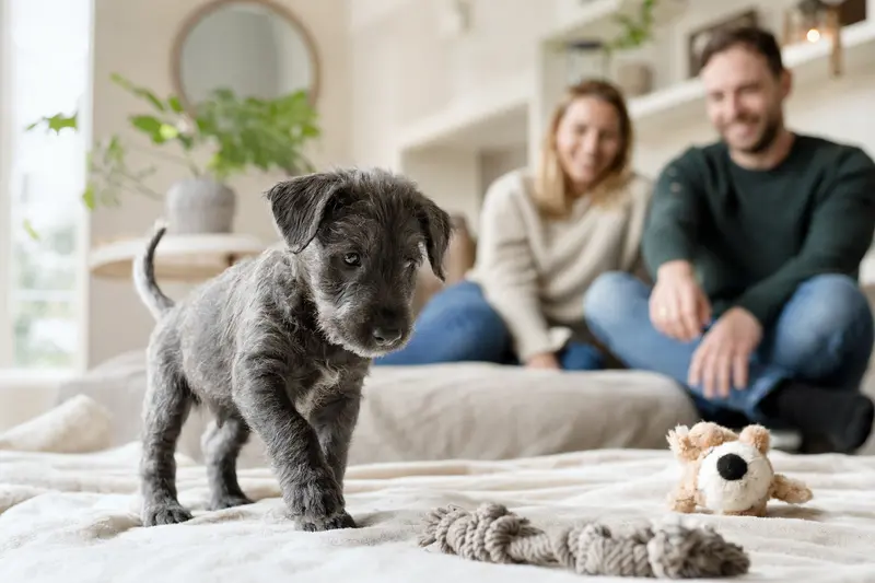 Ein junger Irish Blue Terrier Welpe erkundet neugierig sein neues Zuhause mit einer weichen Decke und Spielzeug, während eine liebevolle Familie im Hintergrund zu sehen ist.