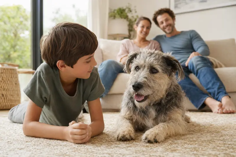 Ein freundlicher Irish Glen of Imaal Terrier liegt entspannt neben einem Kind im Wohnzimmer, während die Eltern im Hintergrund stehen.