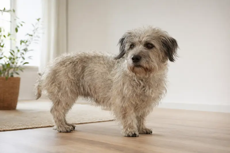 Irish Glen of Imaal Terrier vor hellem Hintergrund in aufmerksamer, natürlicher Haltung, als professionelles Hundeportrait für einen Ratgeber zur Hundegesundheit.