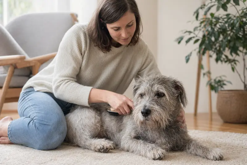 Ein Irish Glen of Imaal Terrier wird in einer hellen Wohnung sanft gebürstet, während sein Besitzer die Fellpflege liebevoll übernimmt.