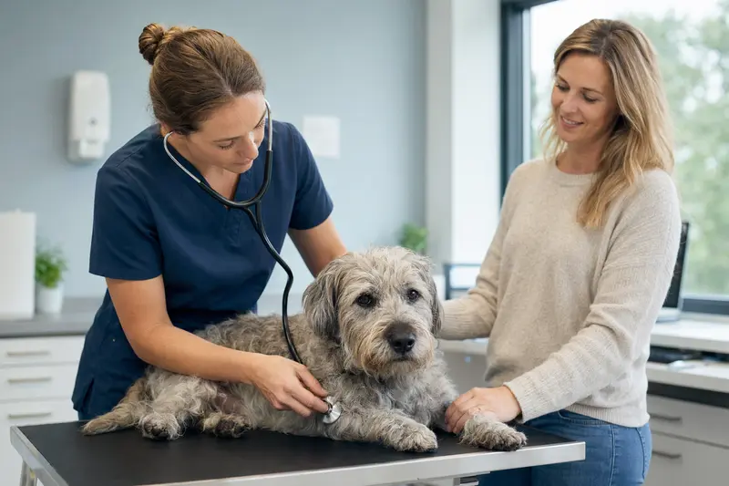 Ein ruhiger Irish Glen of Imaal Terrier Hund wird von einer freundlichen Tierärztin in einer modernen Praxis mit einem Stethoskop untersucht.