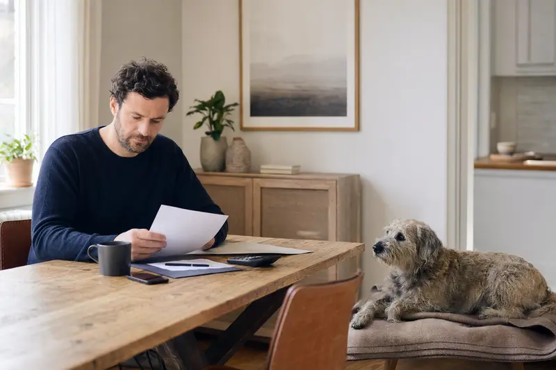 Ein Hundehalter sitzt mit einer Tierarztrechnung am Tisch, während ein entspannter Irish Glen of Imaal Terrier auf einer Decke liegt und das Thema Hundekrankenversicherung ruhig illustriert.