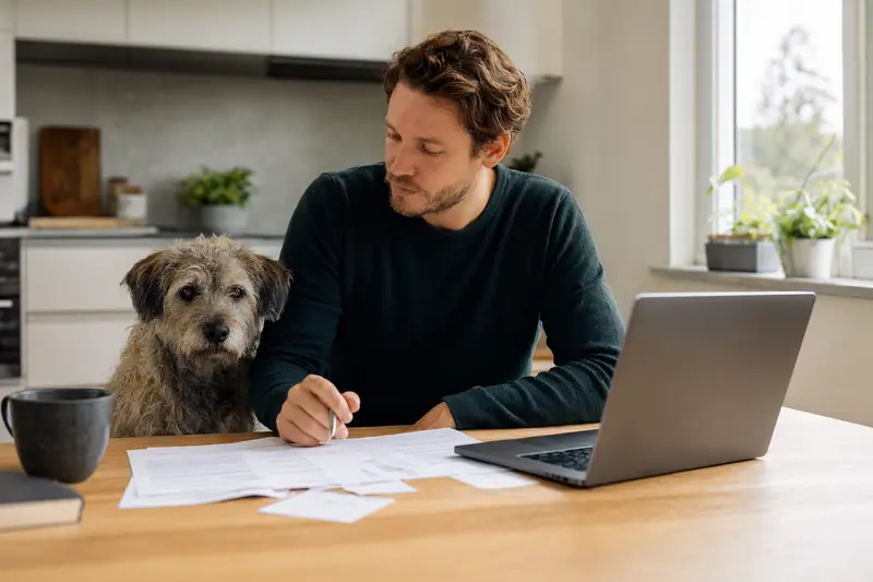 Ein Irish Glen of Imaal Terrier sitzt entspannt neben seinem Besitzer am Küchentisch mit Versicherungsunterlagen und einem Laptop.