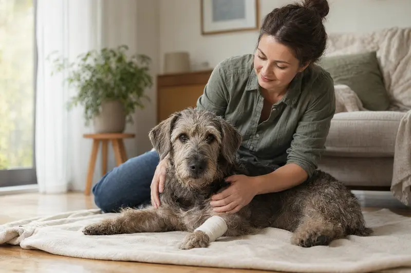 Ein Irish Glen of Imaal Terrier mit Verband an der Pfote liegt entspannt neben seinem Besitzer in einer hellen Wohnung.