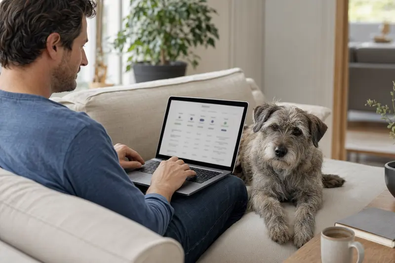 Ein Hundebesitzer mit einem Irish Glen of Imaal Terrier sitzt auf dem Sofa und vergleicht Versicherungen auf einem Laptop.