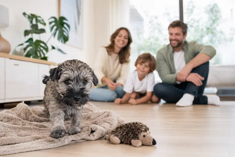 Ein neugieriger Irish Glen of Imaal Terrier Welpe erkundet seine neue Wohnung mit liebevoller Familie im Hintergrund.