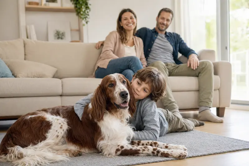 Ein Irish Red and White Setter liegt entspannt neben einem Kind im Wohnzimmer, während die Eltern im Hintergrund eine sichere Familienatmosphäre schaffen.