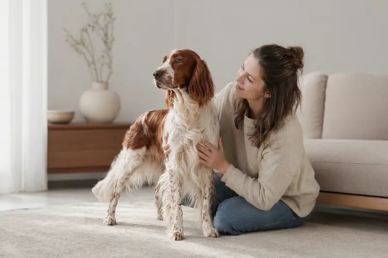 Ein Irish Red and White Setter steht aufmerksam vor hellem Hintergrund und zeigt die typische Körperform und Fellstruktur der Rasse.