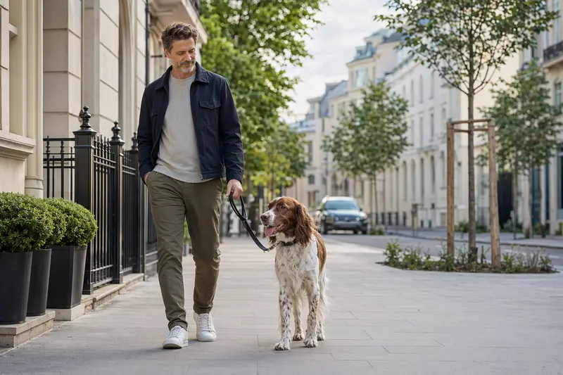 Ein Irish Red and White Setter läuft an der Leine mit seinem Besitzer durch eine saubere moderne Stadtstraße im natürlichen Tageslicht.