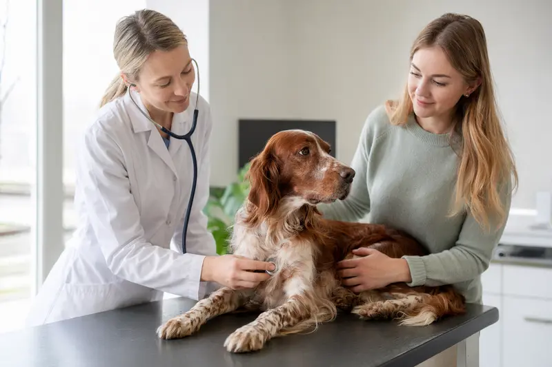 Ein ruhiger Irish Red and White Setter wird von einer freundlichen Tierärztin auf einem Untersuchungstisch in einer modernen Tierarztpraxis untersucht.