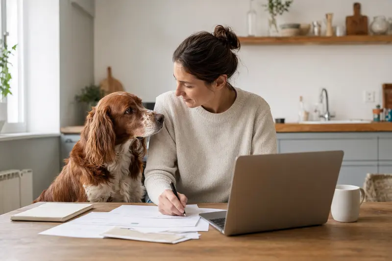 Ein Irish Red and White Setter Hund sitzt ruhig neben seinem Besitzer am Küchentisch, während Versicherungsunterlagen und ein Laptop mit Vergleichsseite auf dem Tisch liegen.