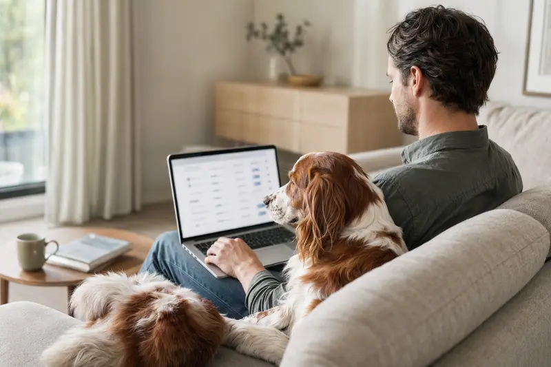Ein Besitzer arbeitet entspannt am Laptop auf dem Sofa, während sein Irish Red and White Setter Hund neben ihm sitzt.