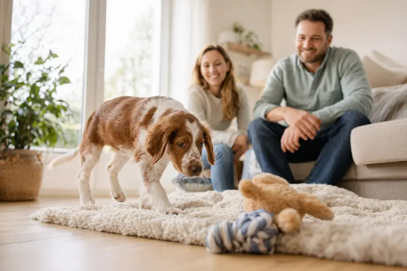 Ein junger Irish Red and White Setter Welpe erkundet neugierig sein neues Zuhause mit einer weichen Decke und Spielzeugen.