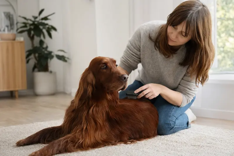 Ein Irish Red Setter wird in einer hellen Wohnung sanft gebürstet, während sein Besitzer liebevoll die Fellpflege übernimmt.